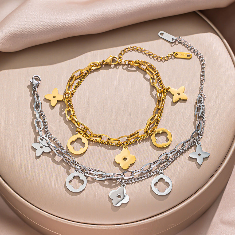 Minimalist Stainless Steel Double-Layer Hollow Four-Leaf Clover Bracelet with Multiple Pendants and Letter Charms
