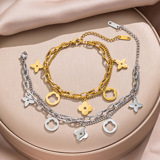 Minimalist Stainless Steel Double-Layer Hollow Four-Leaf Clover Bracelet with Multiple Pendants and Letter Charms