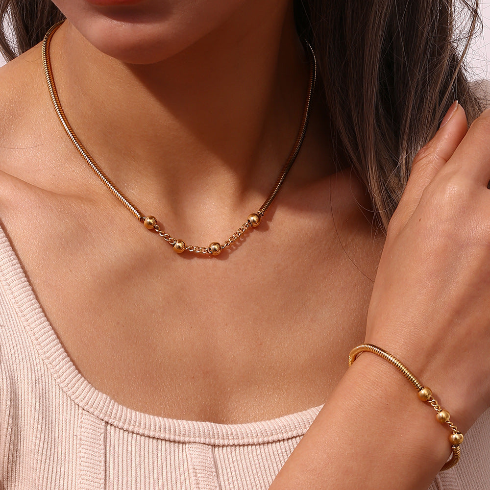 Minimalist Geometric Stainless Steel Beaded Snake Chain Necklace for Women