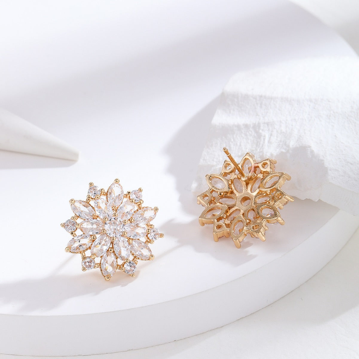 Minimalist Snowflake Earrings for Women with Zircon Inlay in Geometric Star and Diamond Shapes, Copper Base with Stainless Steel Posts