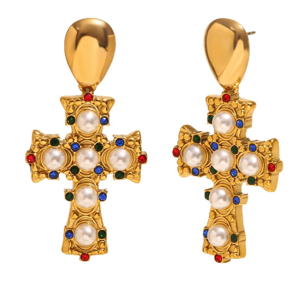 Vintage-Style Cross-Shaped Stainless Steel Earrings with 18K Gold Plating and Colored Rhinestone and Pearl Accents for Women