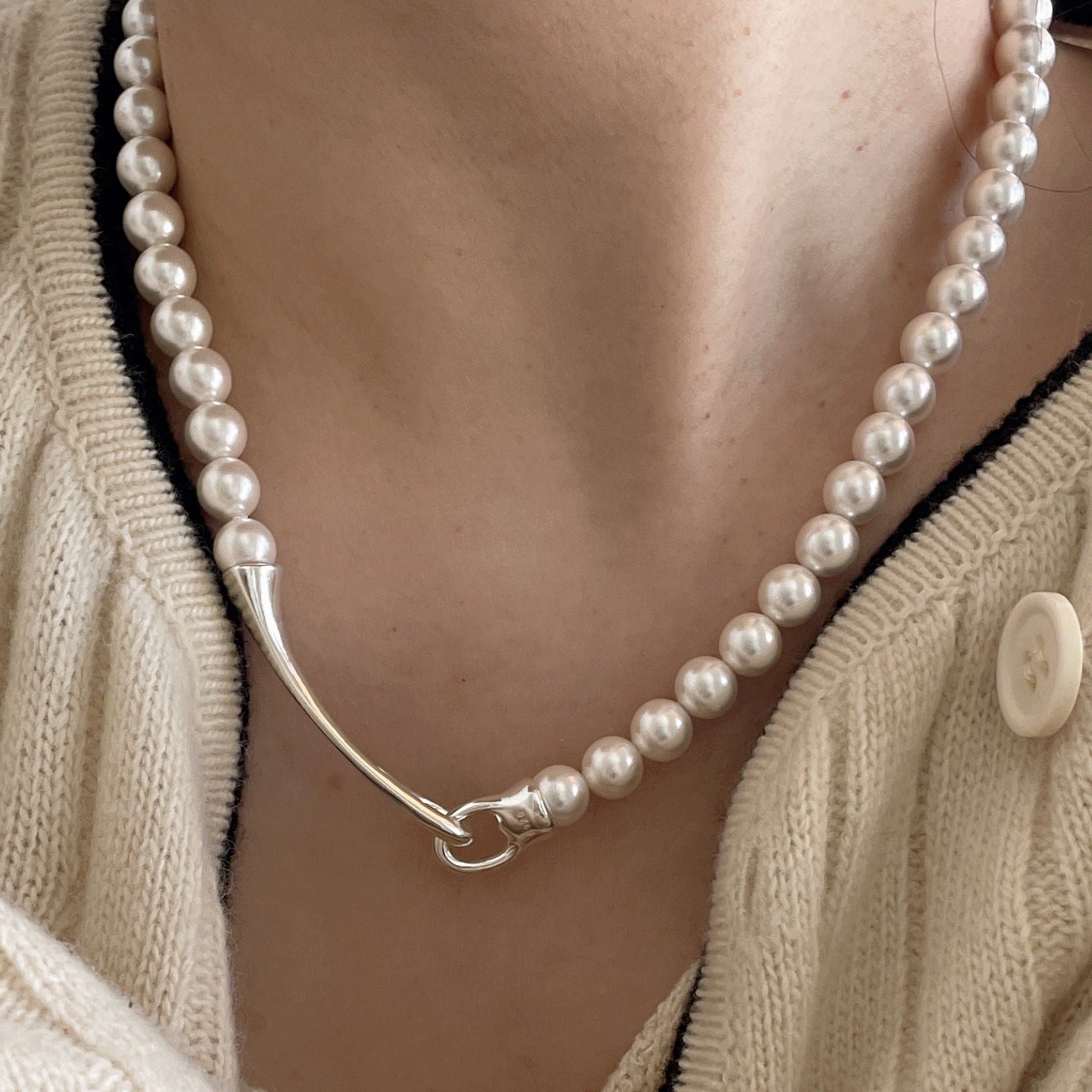 Minimalist Sweet 925 Sterling Silver Round Geometric Braided Pearl Necklace