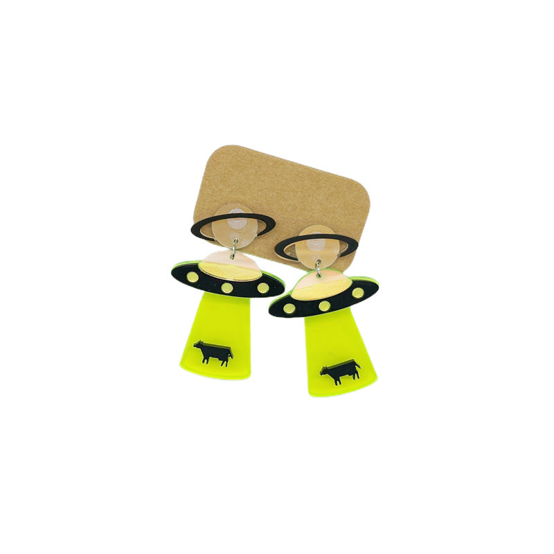 Pendientes de platillo volador alienígena OVNI con luna, estrella, vaca, gato y arco iris de acrílico extragrande para mujer con detalle cortado a láser