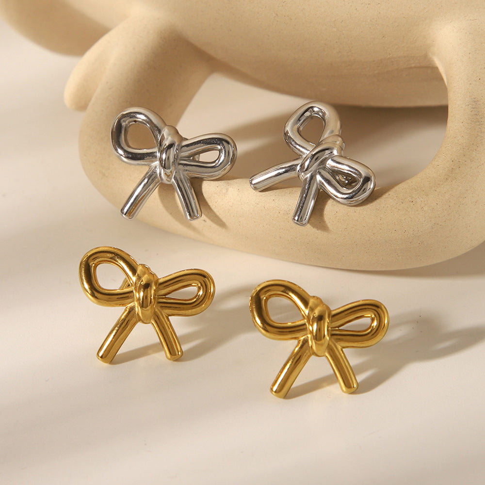 Fashionable 18K Gold Plated Stainless Steel Bow Knot Stud Earrings for Women
