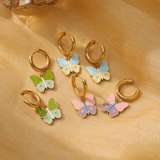 Sweet Butterfly-Shaped Titanium Steel Earrings for Women with Enamel Coloring and Plated Finish