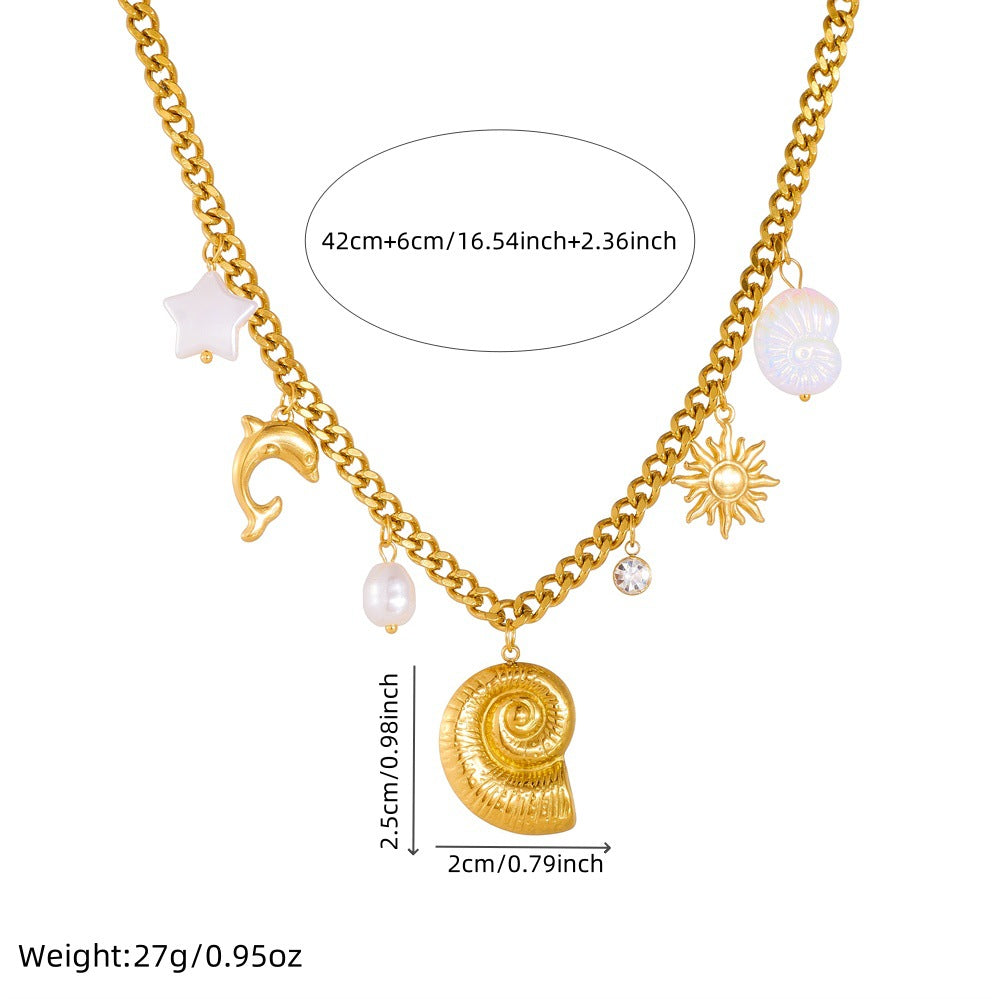 Minimalist Gold Plated Stainless Steel Animal Pendant Necklace with Conch and Dolphin Design for Women