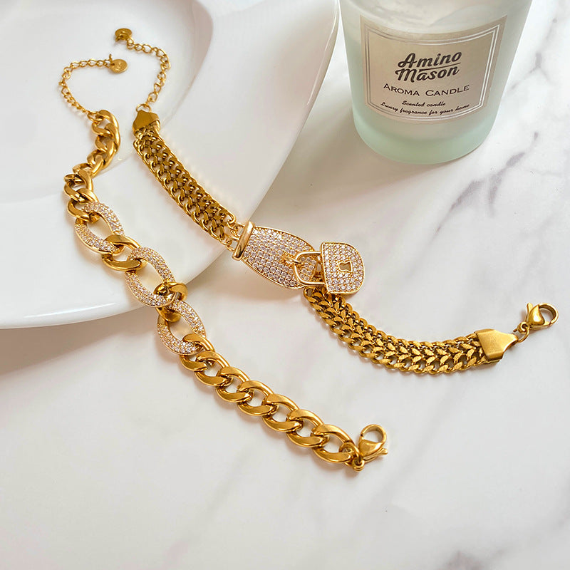 Rhinstone Inlaid Titanium Steel Cuban Link Chain Bracelet