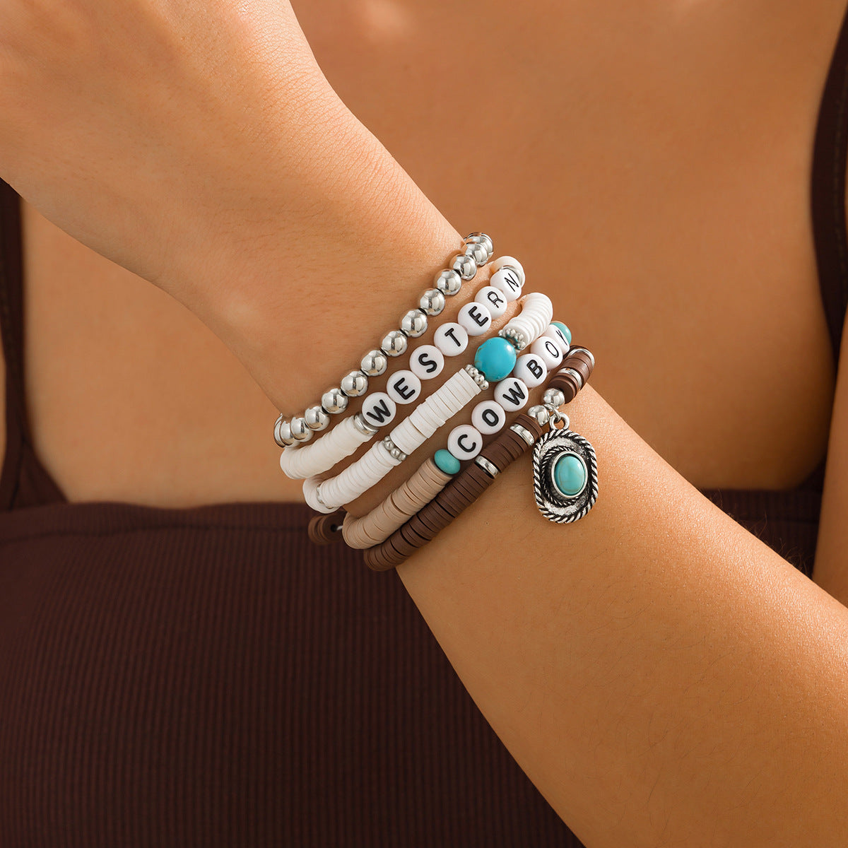 Bohemian Vintage Geometric Round Resin Plated Bracelet Set for Women
