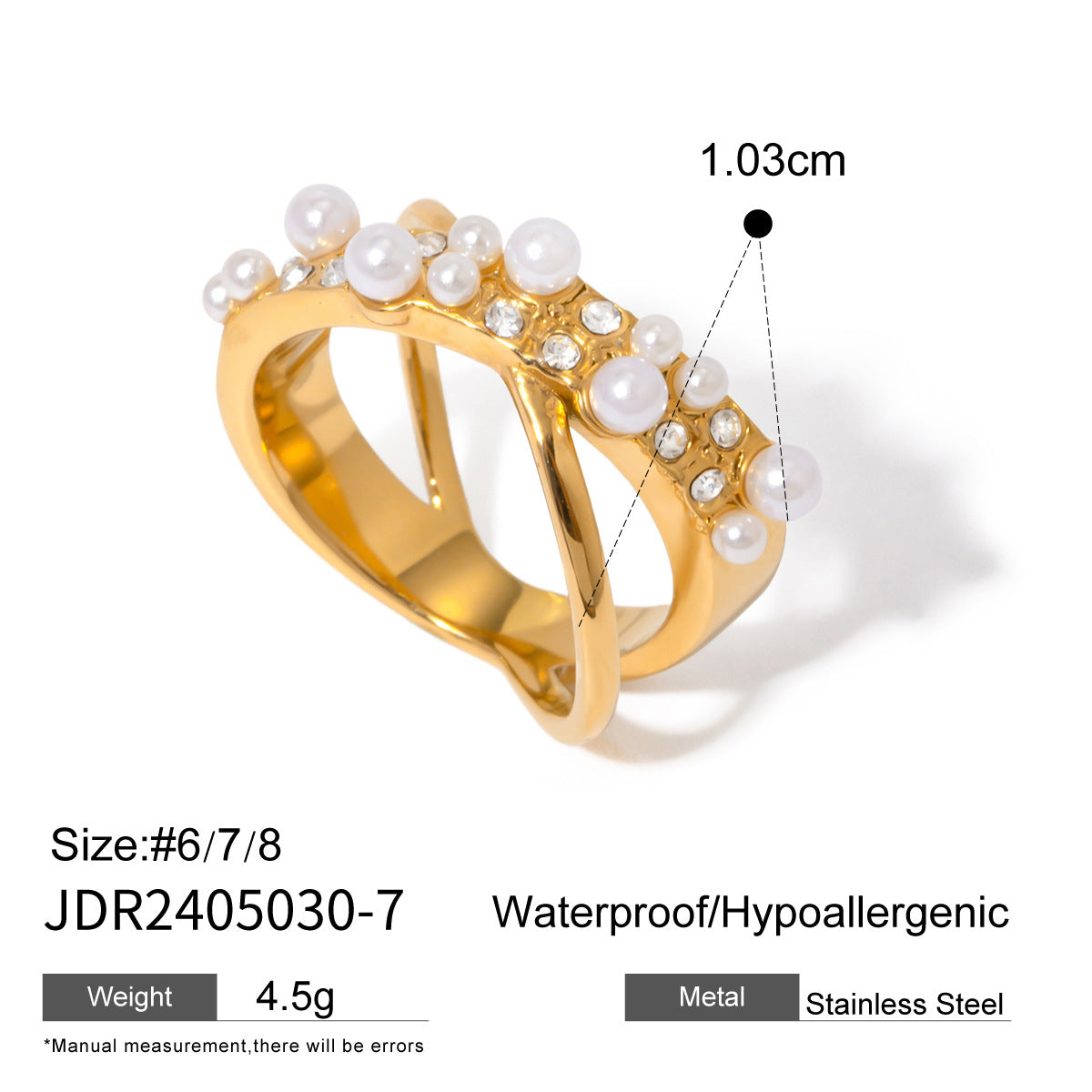 Anillo de acero inoxidable geométrico con circonita y perlas, chapado para mujer, joyería minimalista de moda