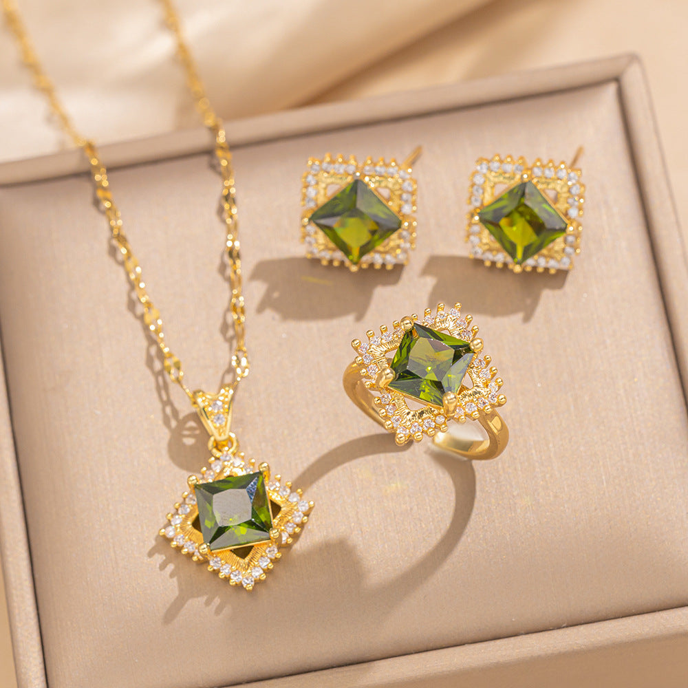 Set di collana con ciondolo quadrato geometrico minimalista e orecchini in acciaio al titanio con intarsio di strass per donna