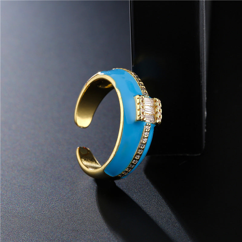 Geometric Micro-inlay Cubic Zirconia 18K Gold Plated Drip Oil Brass Ring for Women
