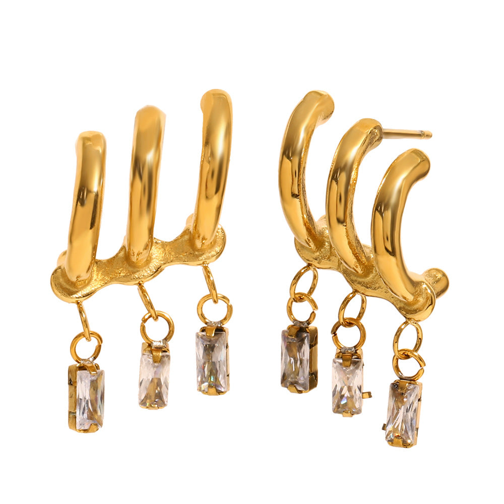 Fashionable Geometric Stainless Steel Earrings with 18K Gold Plating and Zircon Fringe for Women