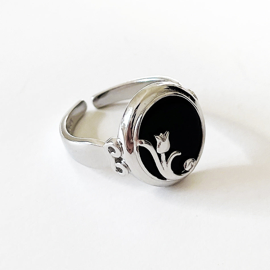 Sweet 925 Sterling Silver Adjustable Black Agate Flower Ring for Women