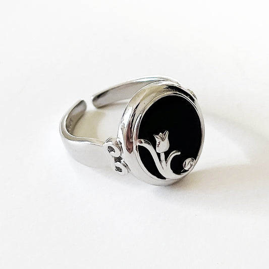 Sweet 925 Sterling Silver Adjustable Black Agate Flower Ring for Women