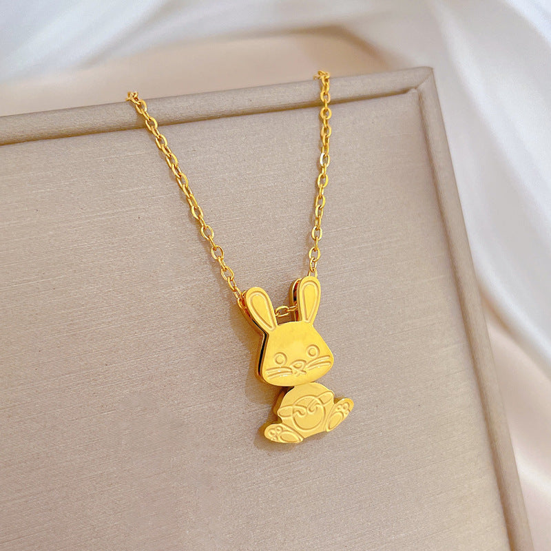 Minimalist Rabbit Pendant Necklace in Titanium Steel with Gold Plating for Women and Men