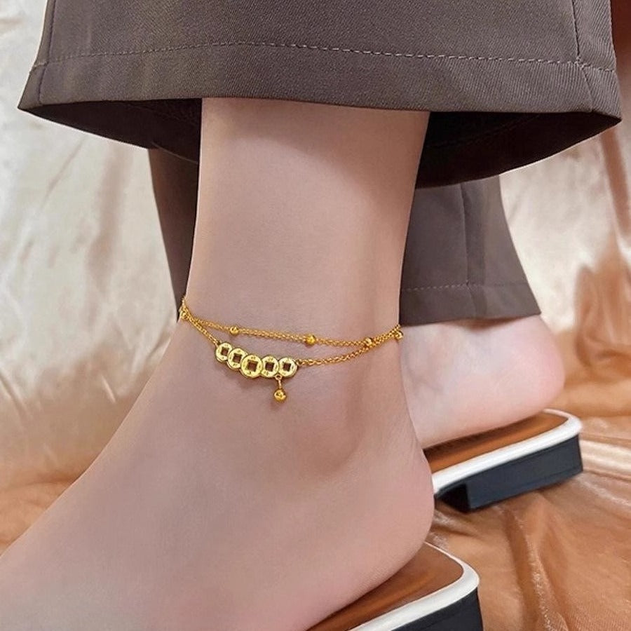 Exotic Geometric Titanium Steel Anklet with Double-Layer Lucky Coin Design for Women and Men