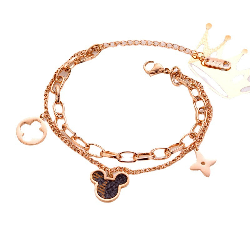 Pulsera de Doble Capa de Acero de Titanio Minimalista con Diseño de Mickey Mouse de Dibujos Animados para Mujer con Acabado Chapado