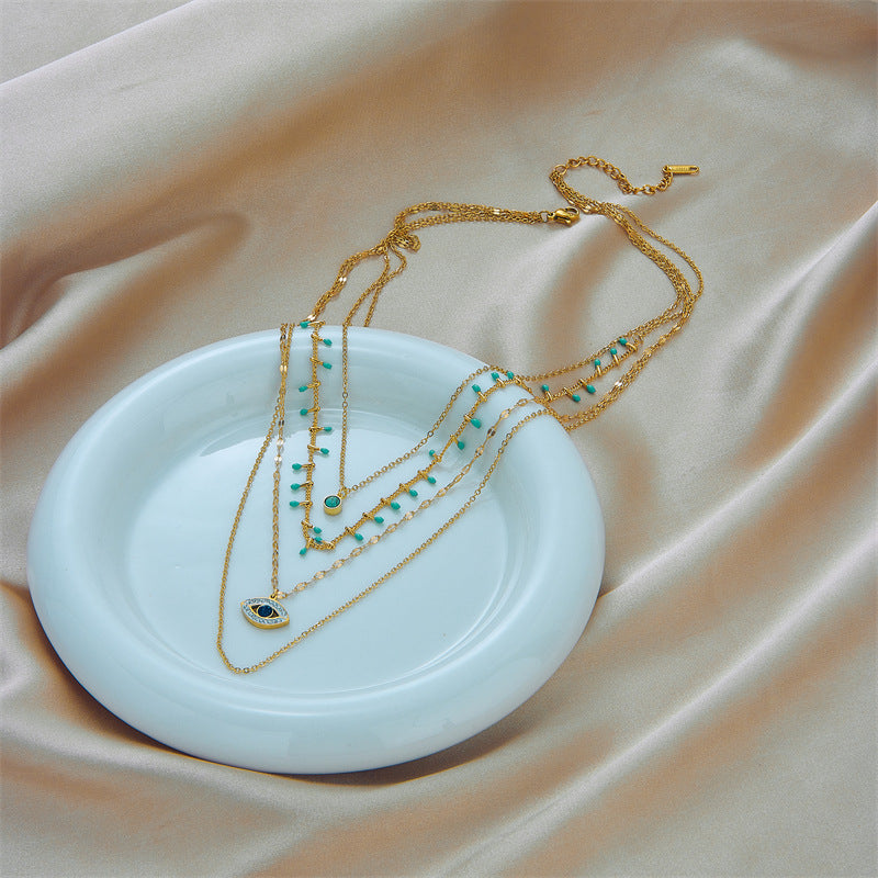 Collana con Pendente Vintage Moda Irregolare Geometrico Turchese e Strass in Acciaio al Titanio con Finitura Placcata per Donna