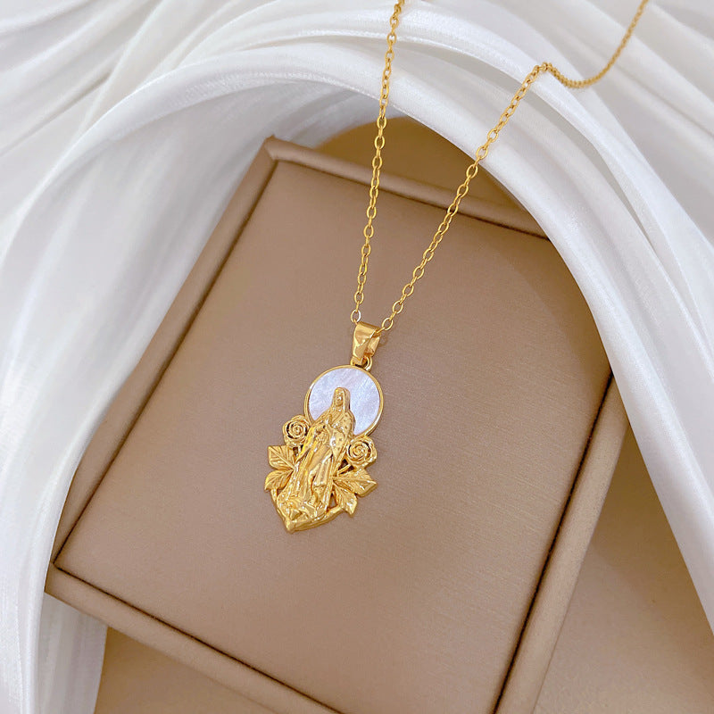 Sweet Elegant Floral Geometric Cartoon Rhinestone Pendant Titanium Steel Necklace for Unisex