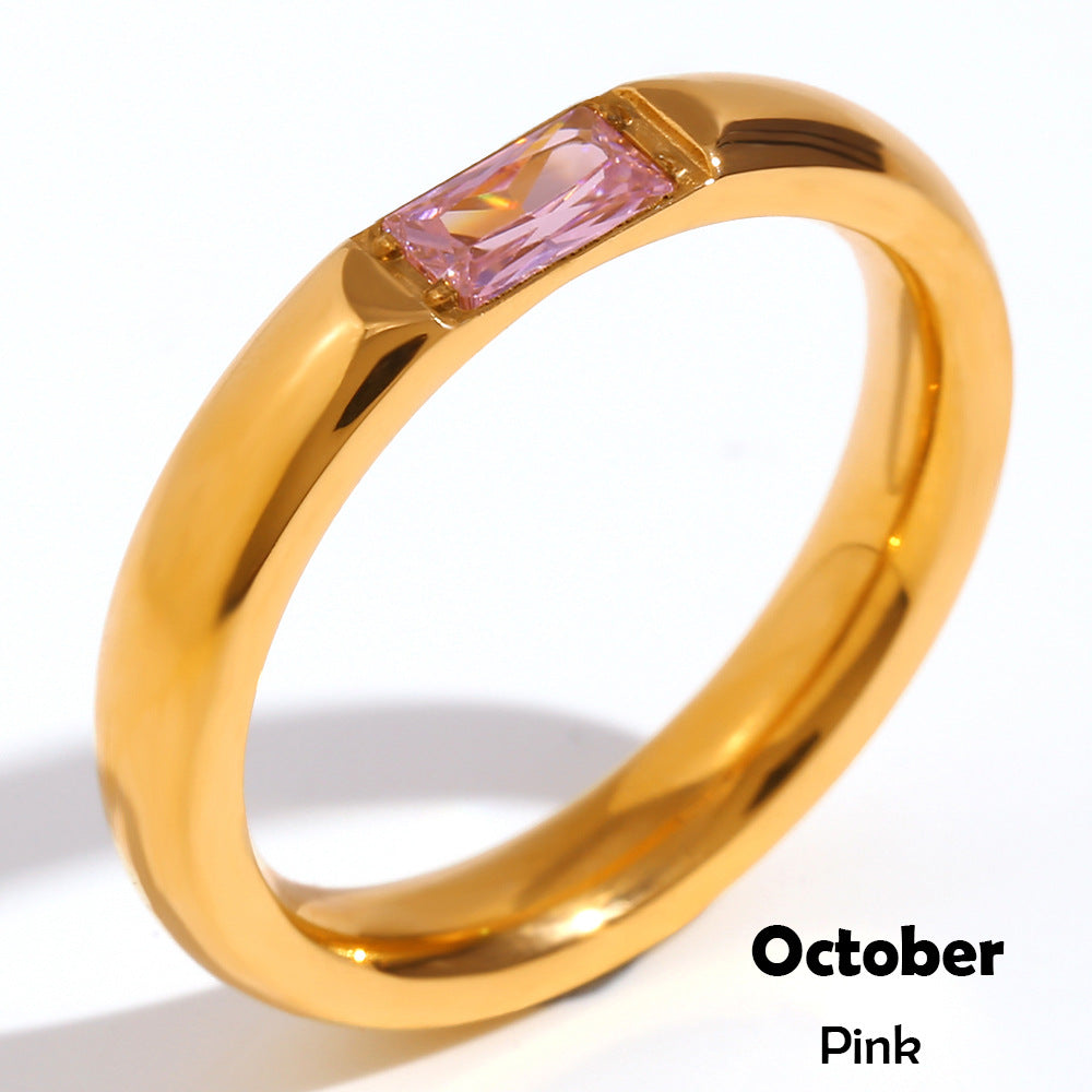 Anillo Minimalista Geométrico de Acero Inoxidable con Baño de Oro de 18K y Piedra Natal de Zirconia Rectangular para Mujer