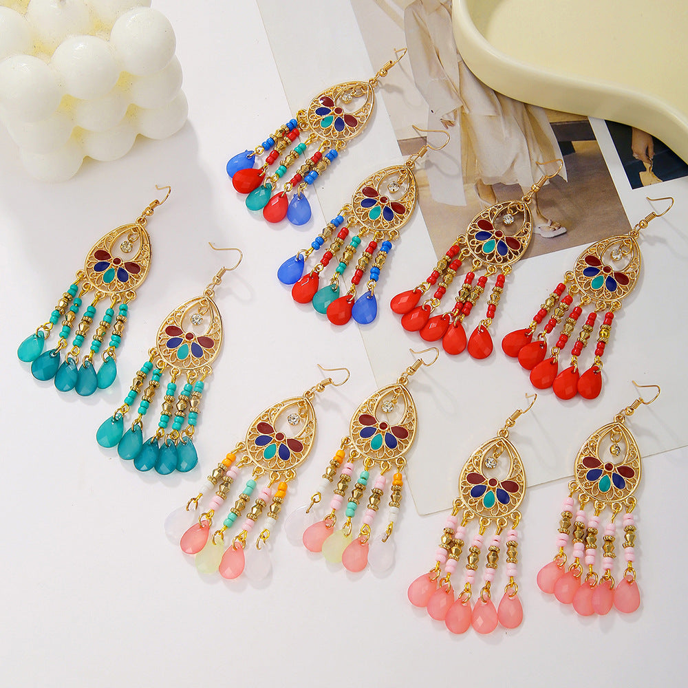 Vintage Bohemian Ethnic Geometric Round Alloy Plated Tassel Earrings for Women