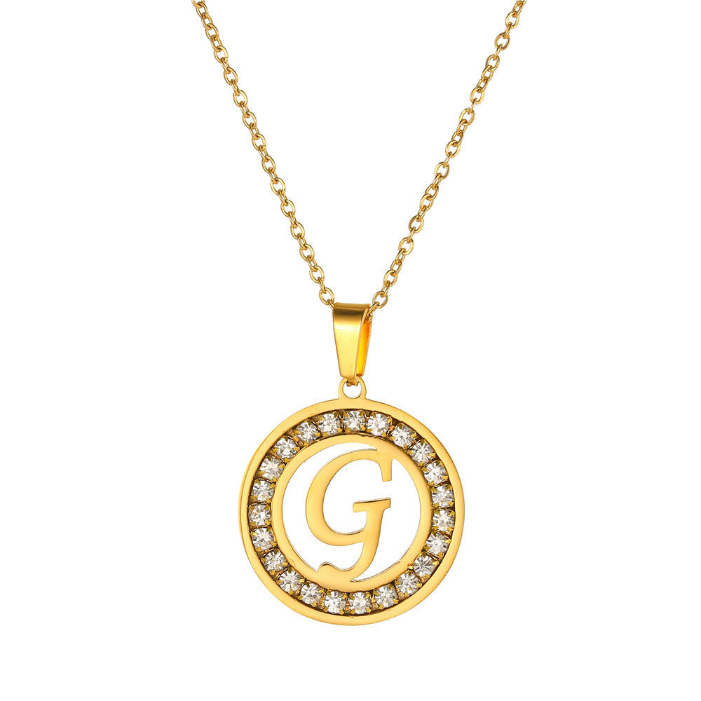 Minimalist Gold Plated Round Letter Rhinestone Inlay Pendant Necklace Titanium Steel Cable Chain