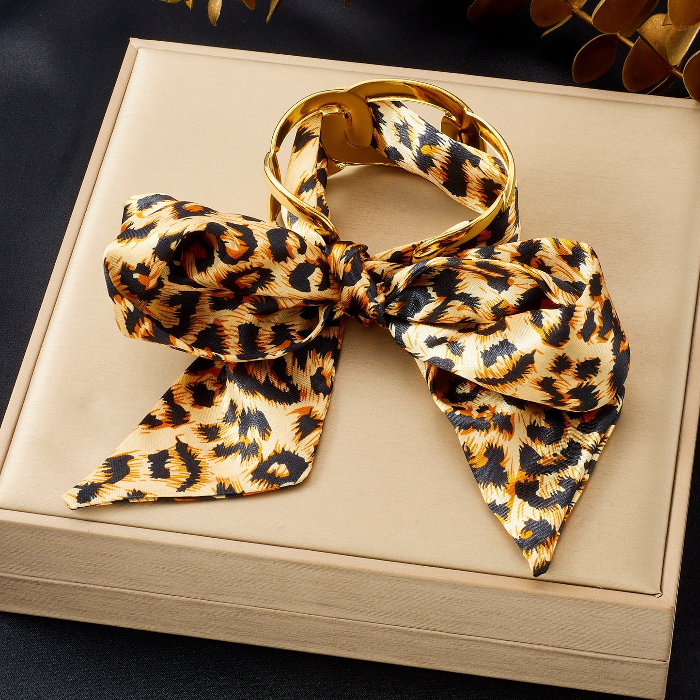Elegant Leopard Print Floral Satin Bow Round Stainless Steel Bracelet