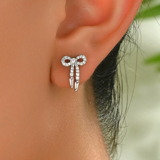 Minimalist Bow-Shaped Copper Earrings with Rhinestone Inlay for Women Stainless Steel Posts