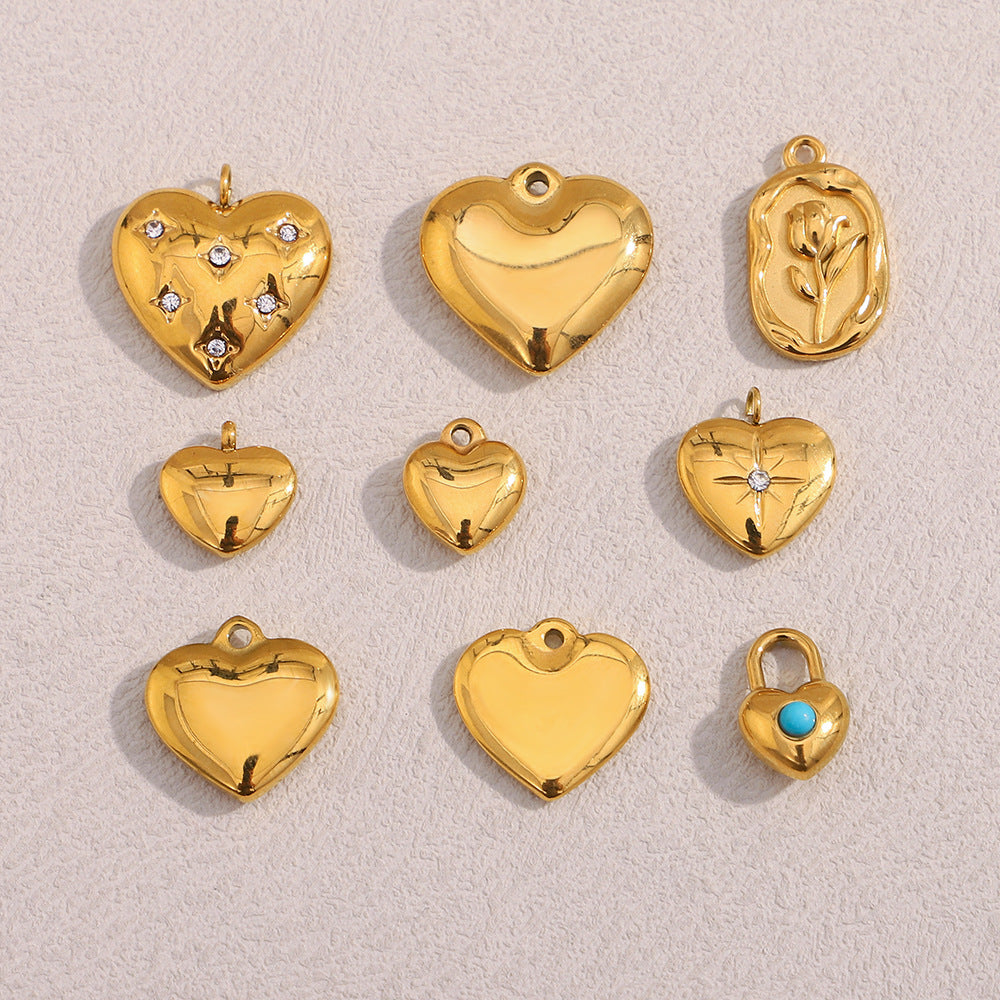18K Gold Plated Stainless Steel Heart Pendant with Floral Rhinestone Charm Bar for Women