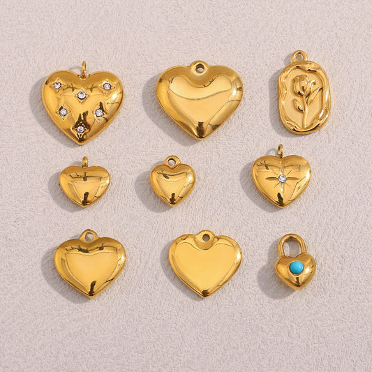 18K Gold Plated Stainless Steel Heart Pendant with Floral Rhinestone Charm Bar for Women