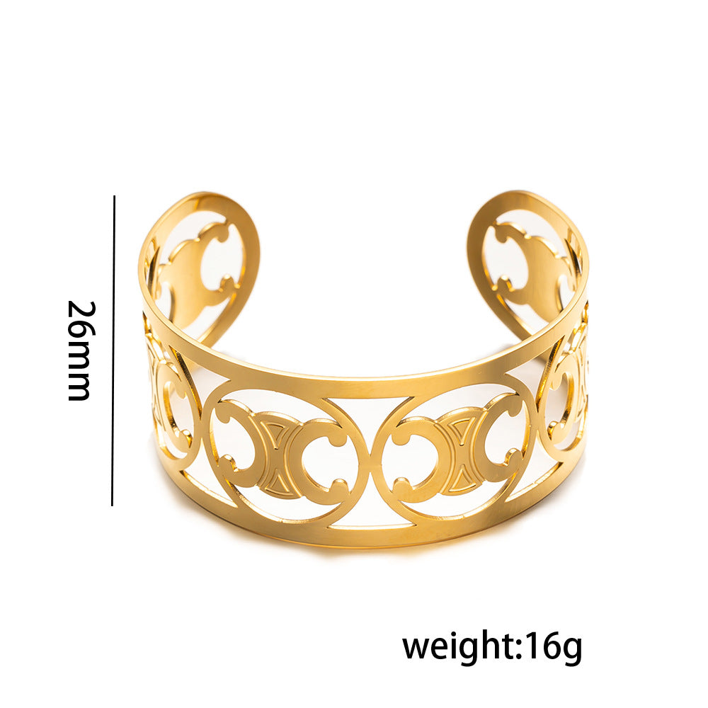 Fashionable Geometric Hollow-Out Titanium Steel Bracelet with 18K Gold Plating for Women