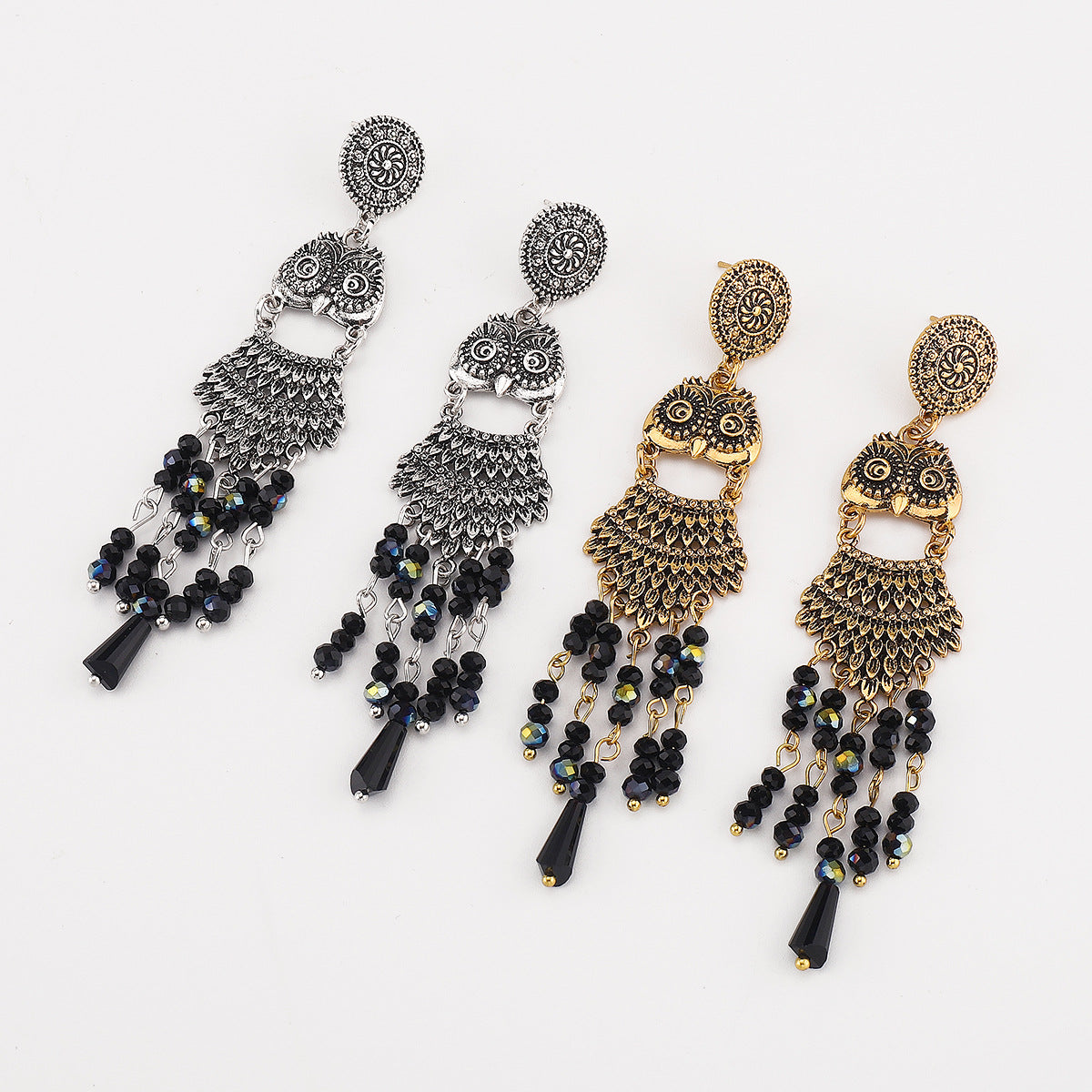 Aretes Bohemio Búho con Borlas en Aleación y Resina, Joyería de Oreja de Moda para Mujer de Estilo Étnico Vintage Electrochapado