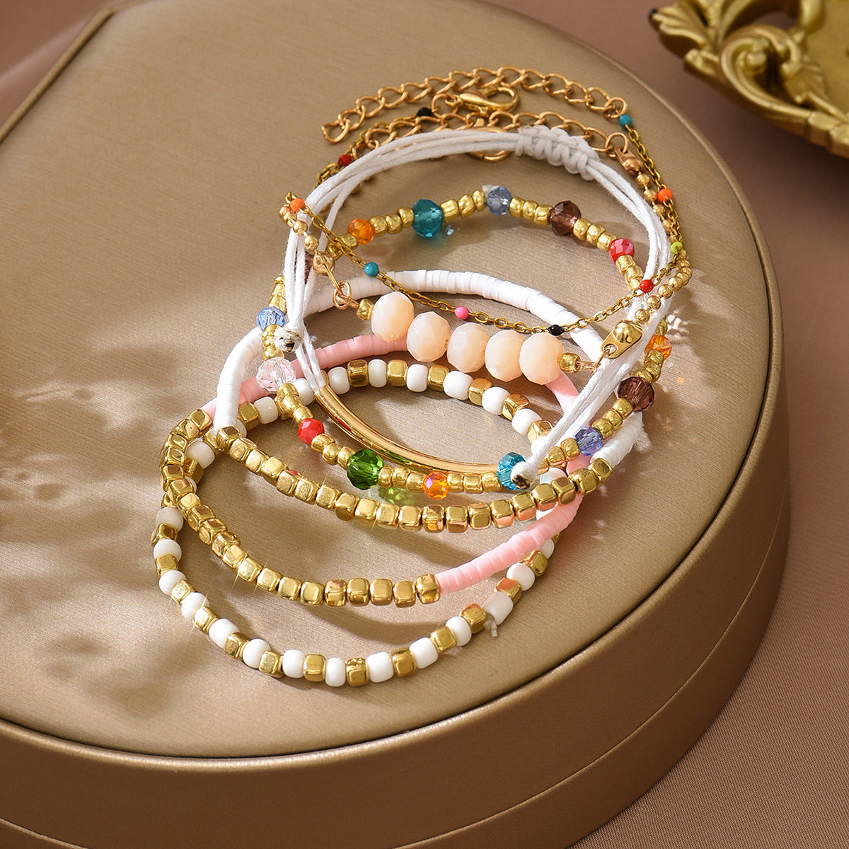 Bohemian Sweet Handmade Geometric Glass Bead and Crystal Bracelet Set for Women