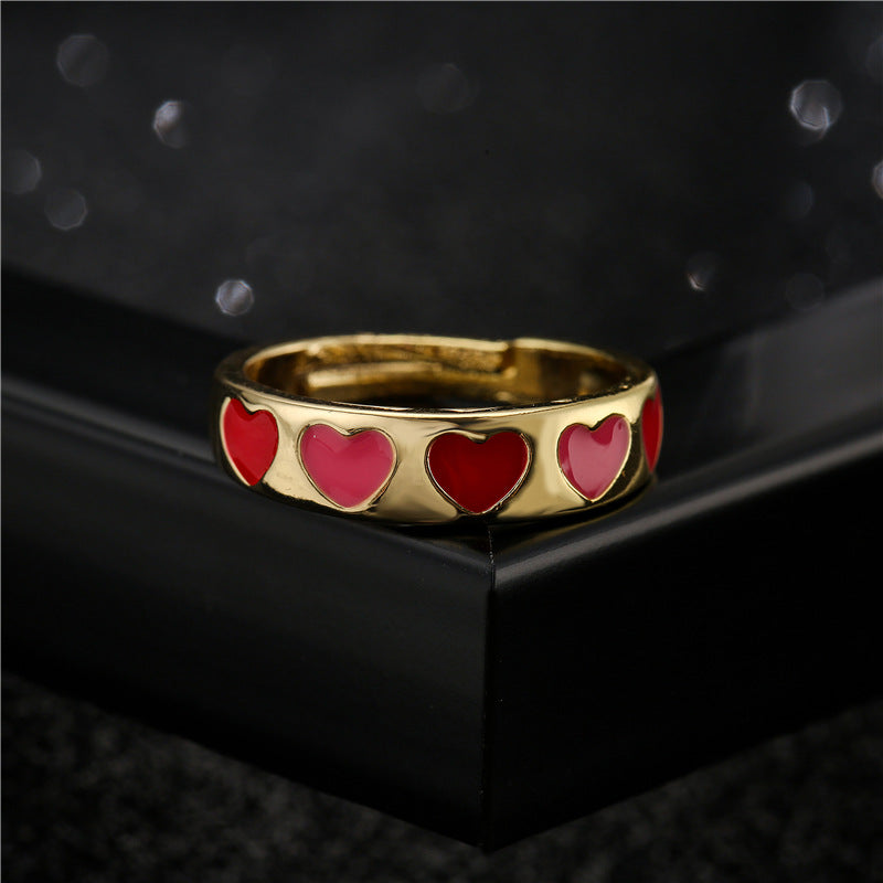 Mixed Color Drip Oil Heart Shaped Brass Ring for Women