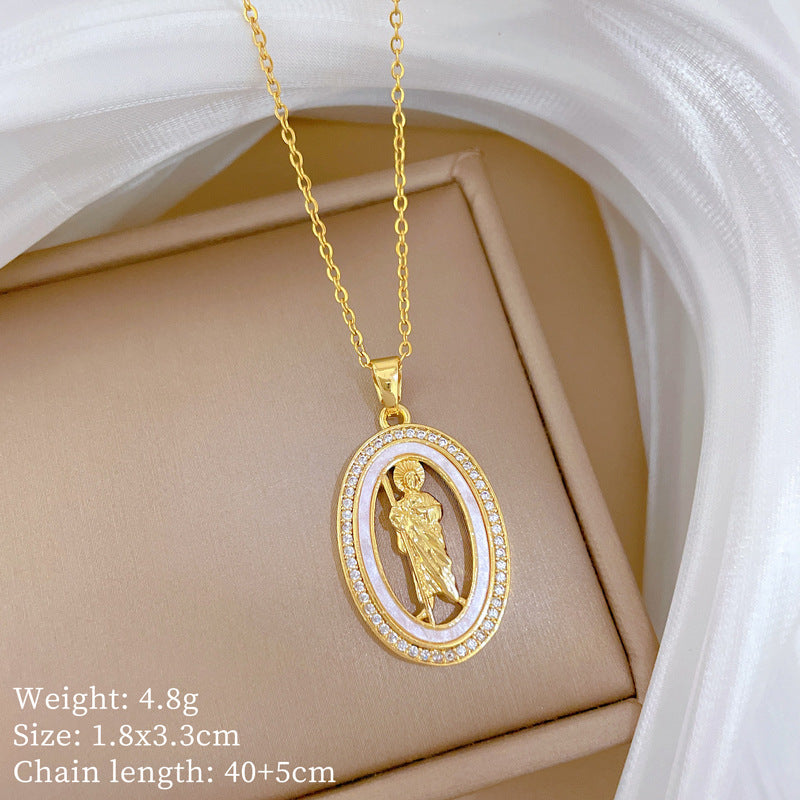 Sweet Oval Geometric Cartoon Portrait Shell Rhinestone Pendant Titanium Steel Necklace for Unisex