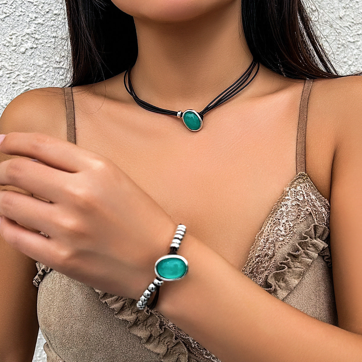 Ethnic Minimalist Geometric Turquoise Velvet Choker Necklace for Women