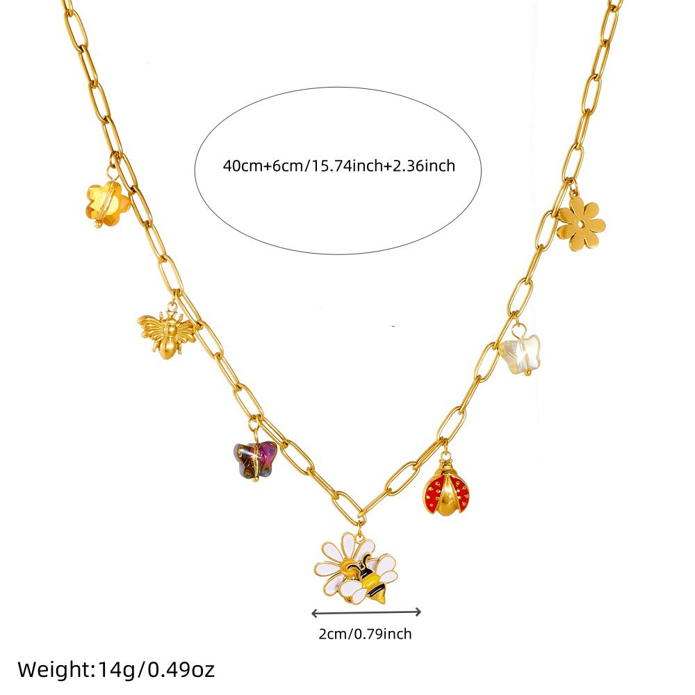 Sweet Cartoon Drip Oil Plated Stainless Steel Animal Pendant Set with Floral Bee and Ladybug Design for Women