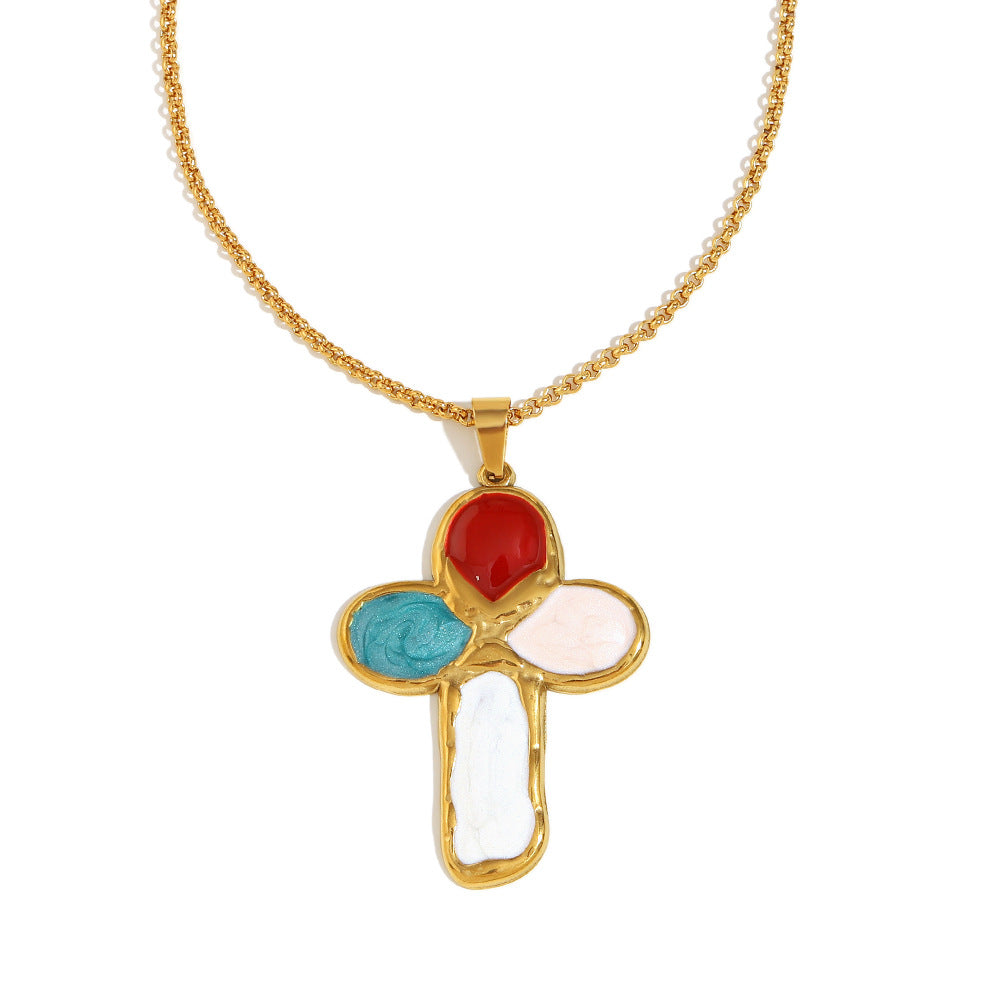 Luxury Vintage Cross Pendant Necklace in Stainless Steel with 18K Gold Plating and Enamel Coloring
