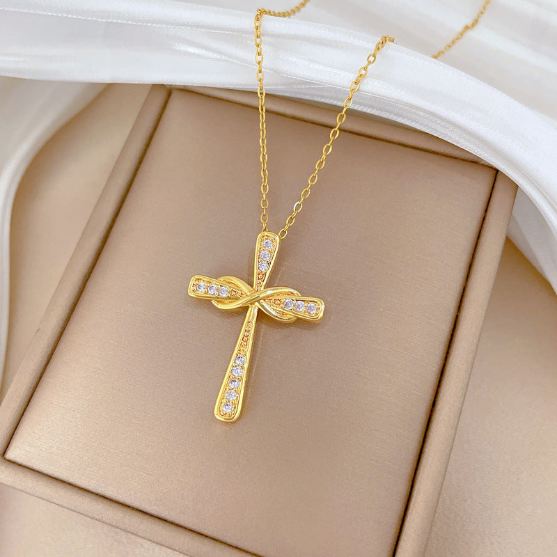 Sweet Twisted Cross Rhinestone Titanium Steel Necklace for Unisex