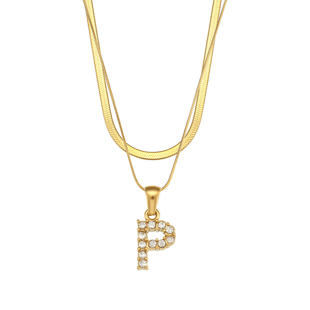 Fashionable Minimalist Letter Pendant Necklace in Stainless Steel with 18K Gold Plating and Cubic Zirconia on Double Snake Chain for Women
