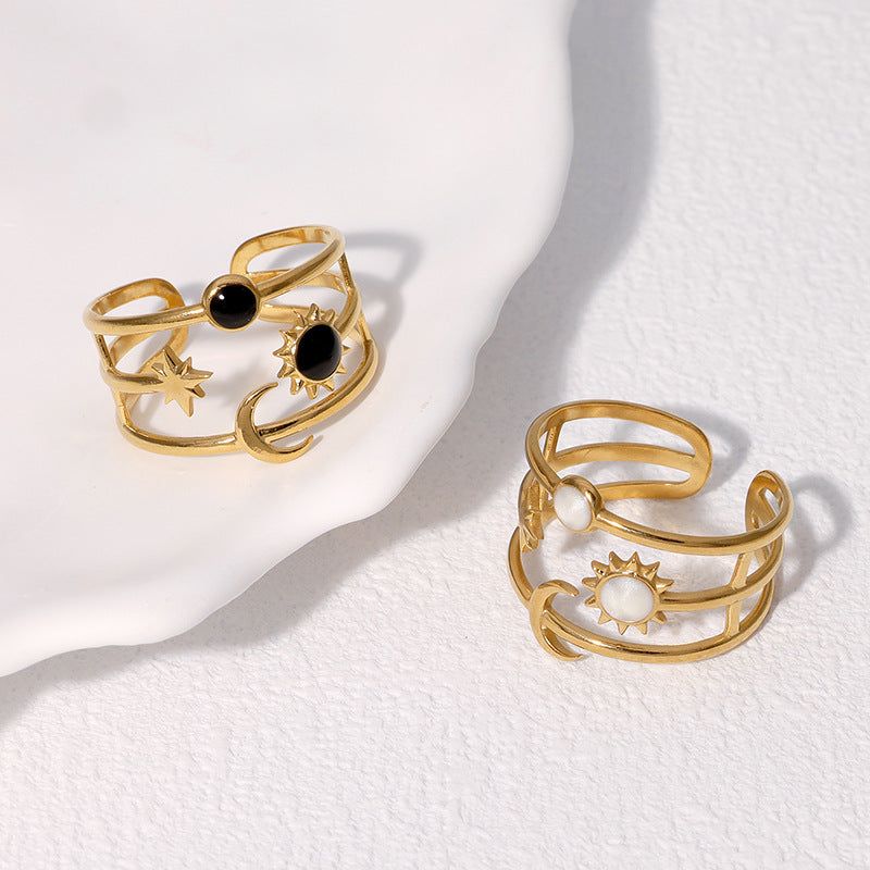 Anello da dito regolabile a forma di stella, sole e luna da donna in acciaio inossidabile con finitura placcata, design minimalista e unico