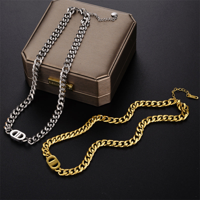Minimalist Geometric Letter Pendant Titanium Steel Necklace with Gold Plating for Women
