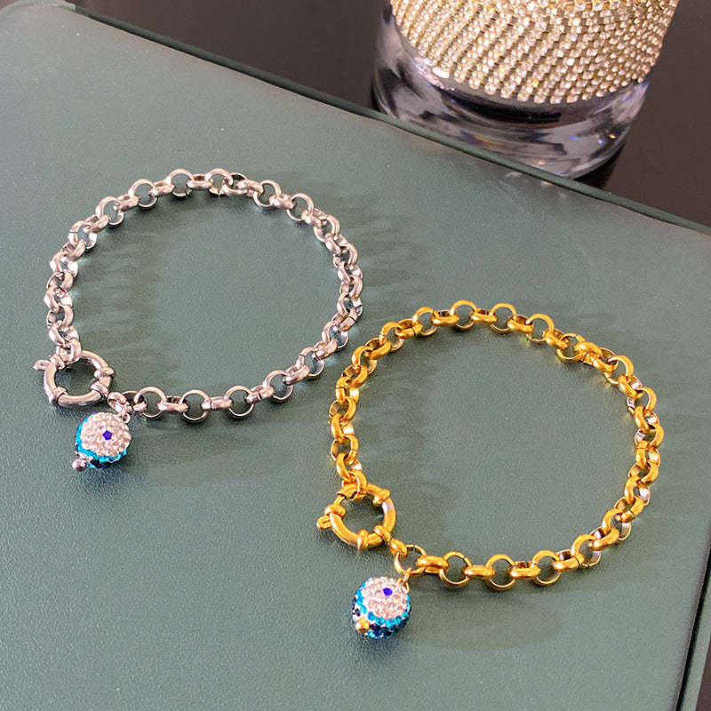 Luxury Rhinestone Inlaid Geometric Eye Cuban Link Chain Charm Bar Titanium Steel Bracelet