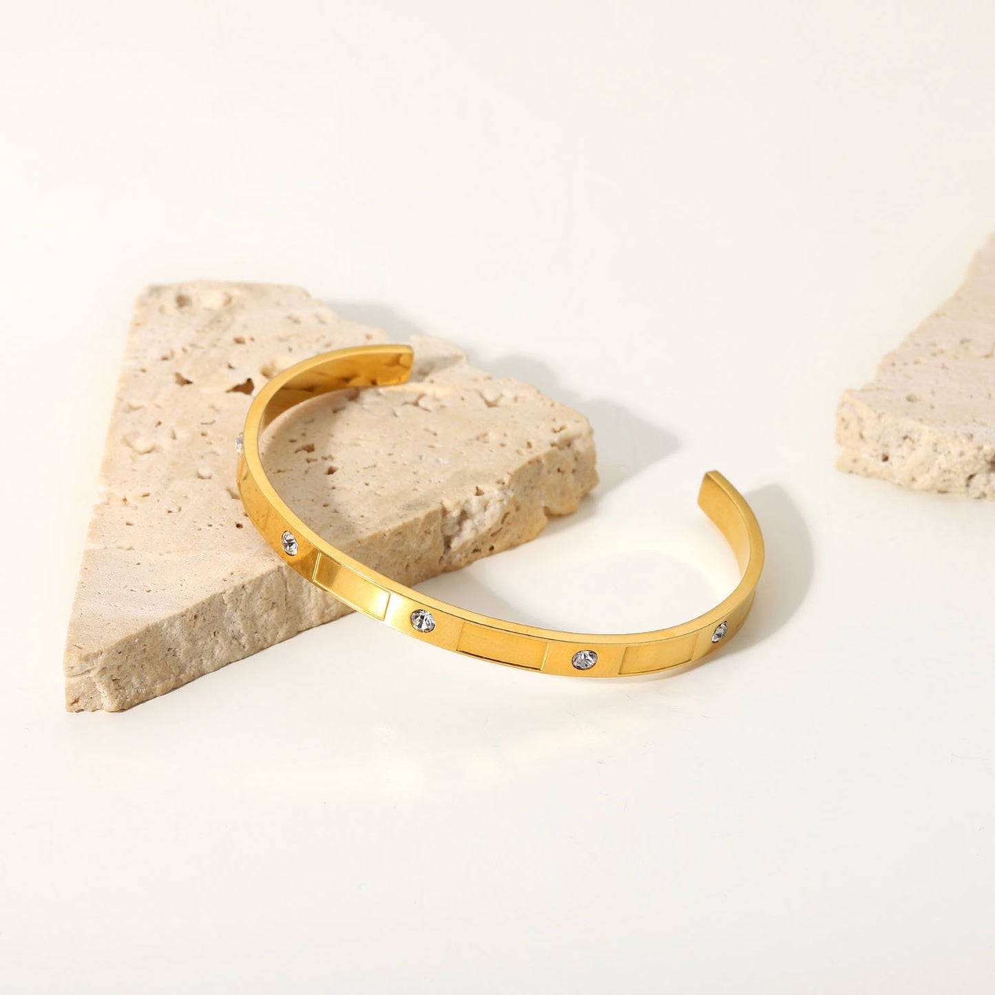 Minimalist Geometric Stainless Steel Bracelet with 18K Gold Plating and Round Zircon Accents for Women