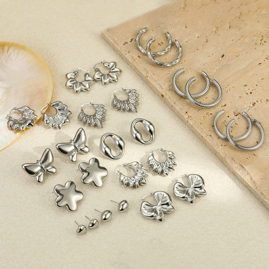 Fashionable Geometric Stainless Steel Stud Earrings with Polished Finish, Ball and Bowknot Accents for Women