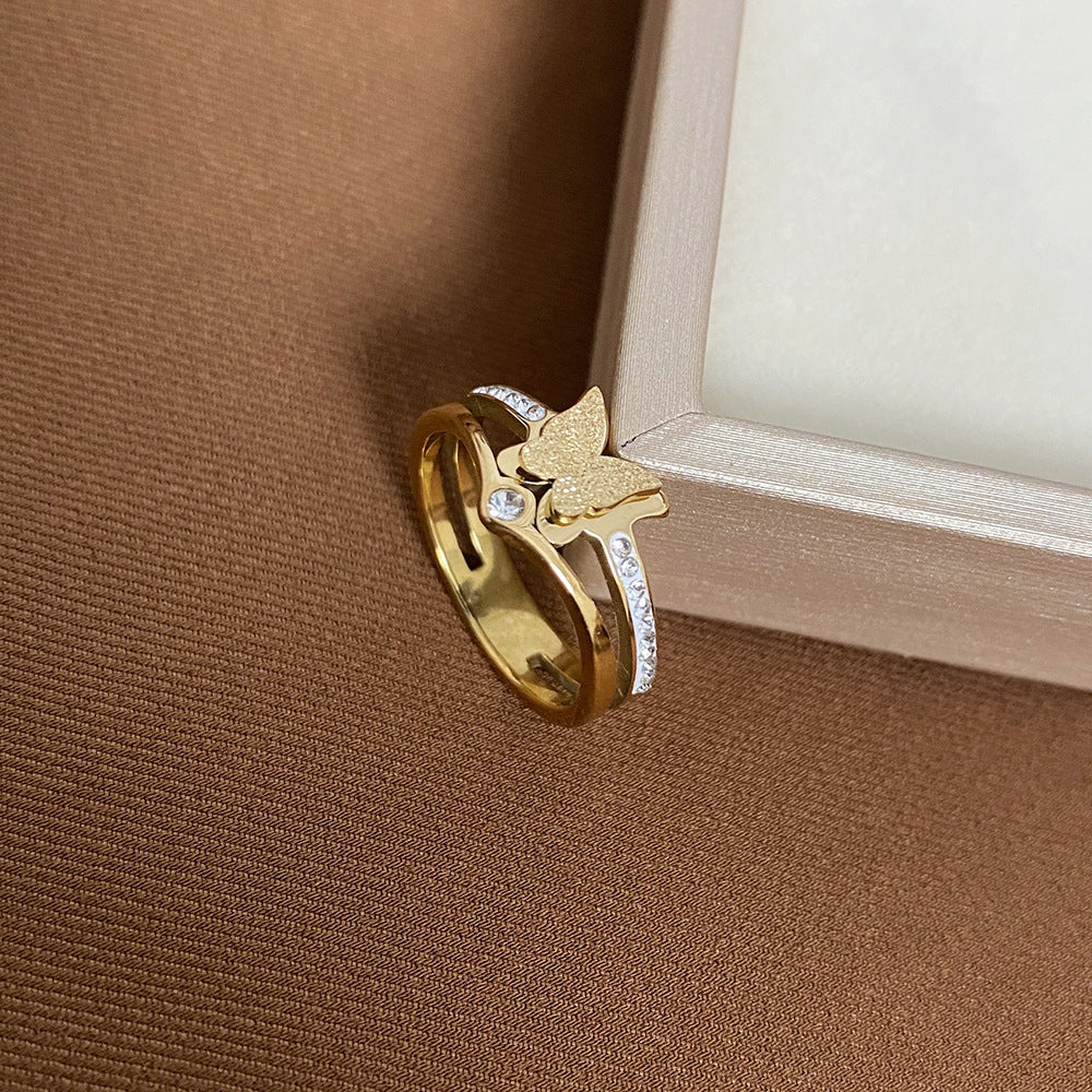 Minimalist Butterfly-Shaped Titanium Steel Ring with Rhinestone Inlay for Women and Men