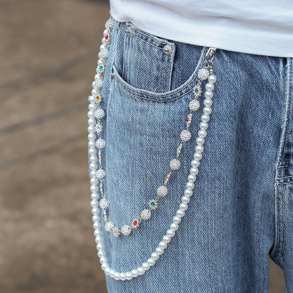 Punk Hip-hop Floral Rhinestone and Faux Pearl Polished Acrylic Waist Chain for Unisex