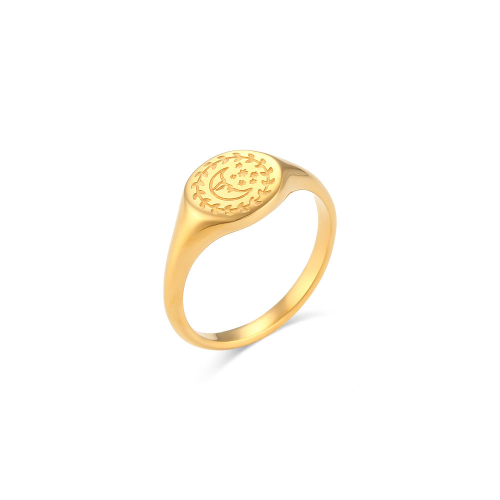 Anello da donna in acciaio inossidabile placcato oro 18 carati con motivo geometrico vintage a stelle e luna