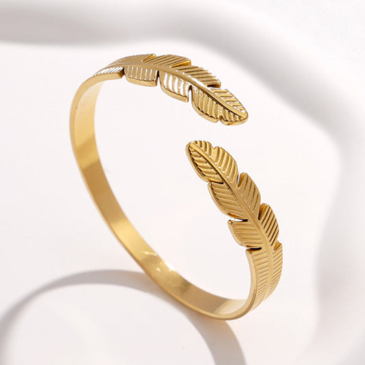Minimalist Feather-Shaped Titanium Steel Bracelet for Women with Plated Finish and Adjustable Open Design