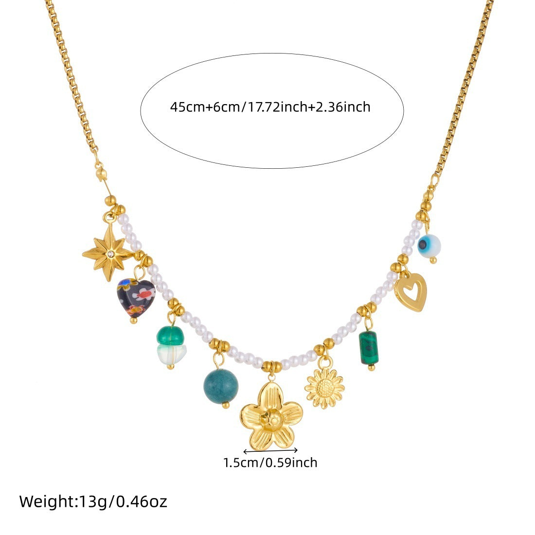 Vintage Gold Plated Heart Camellia Turquoise Stainless Steel Necklace Box Chain